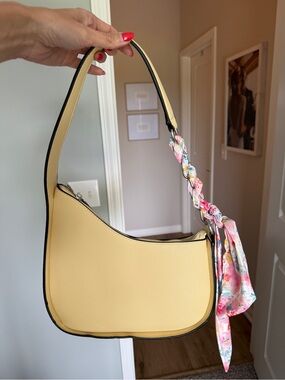 Women’s Yellow Shoulder Bag with Floral Scarf Accent